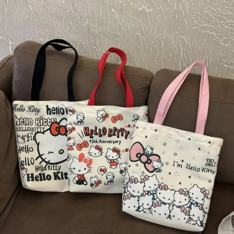 

Kawaii Hello Kitty Canvas Bag Cute Cartoon Versatile Large Capacity Shoulder Bag Travel Women Supplies Student Gift Wholesale
