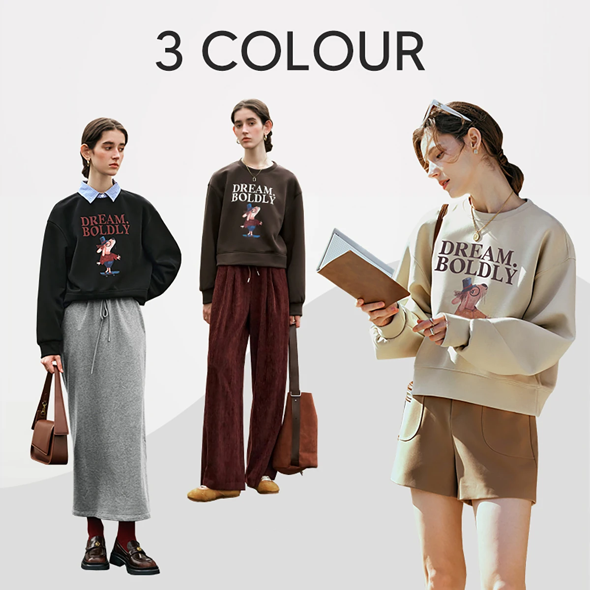 OLrain Women Beige Graphic Print Sweatshirt Autumn Crew Neck Loose Cropped Pullover 2026 Long Sleeve Ladies Top N56QR89002