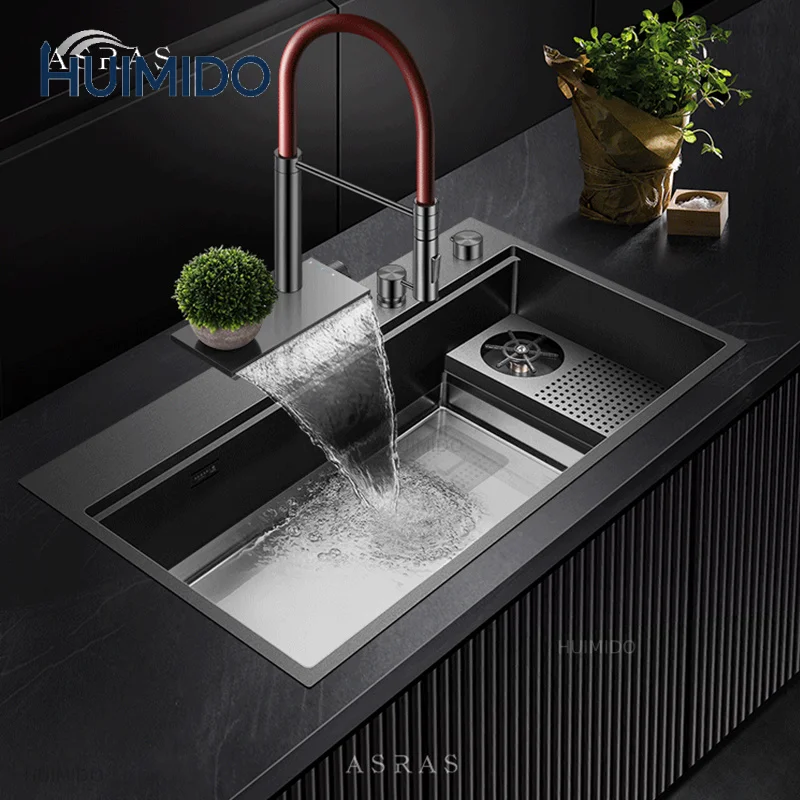 ASRAS New Waterfall Faucet Kitchen Sinks Nanometer Large Size 4mm Panel Handmade Sinks Cup Rinser Kitchen Sinks