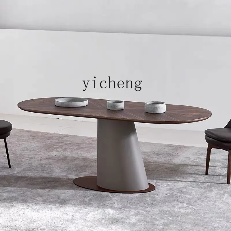 

O-6 Italian oval pillar Nordic style long dining tle saddle leather wi sassafras walnut dining tle