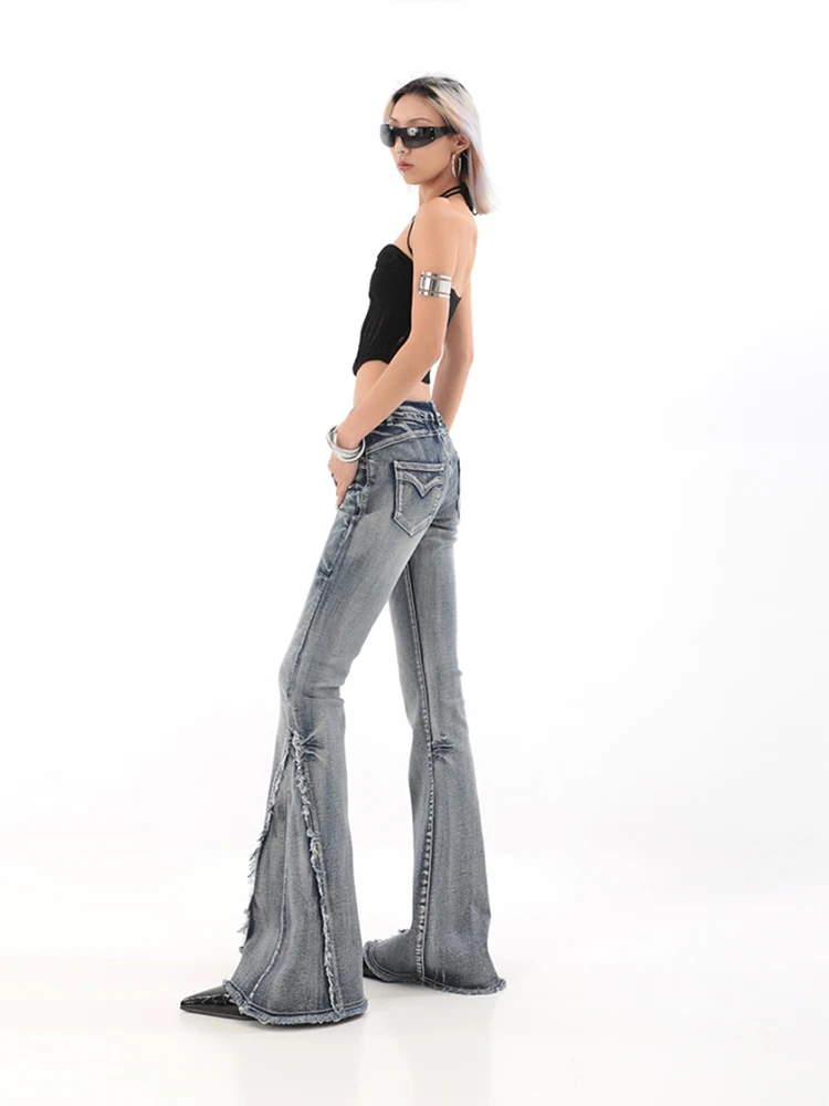 Fashion Blue Denim Pants Women High Street Slim Bell Bottoms Female Basic Simple Gyaru Jeans Full Length Streetwear Y2K Vintage