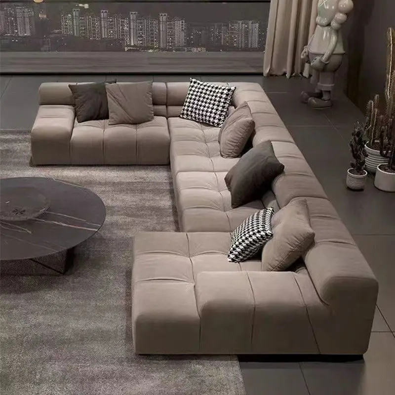 Modern simple living room small apartment Italian minimalist matte fabric puff sofa tofu block technical cloth sofa wood
