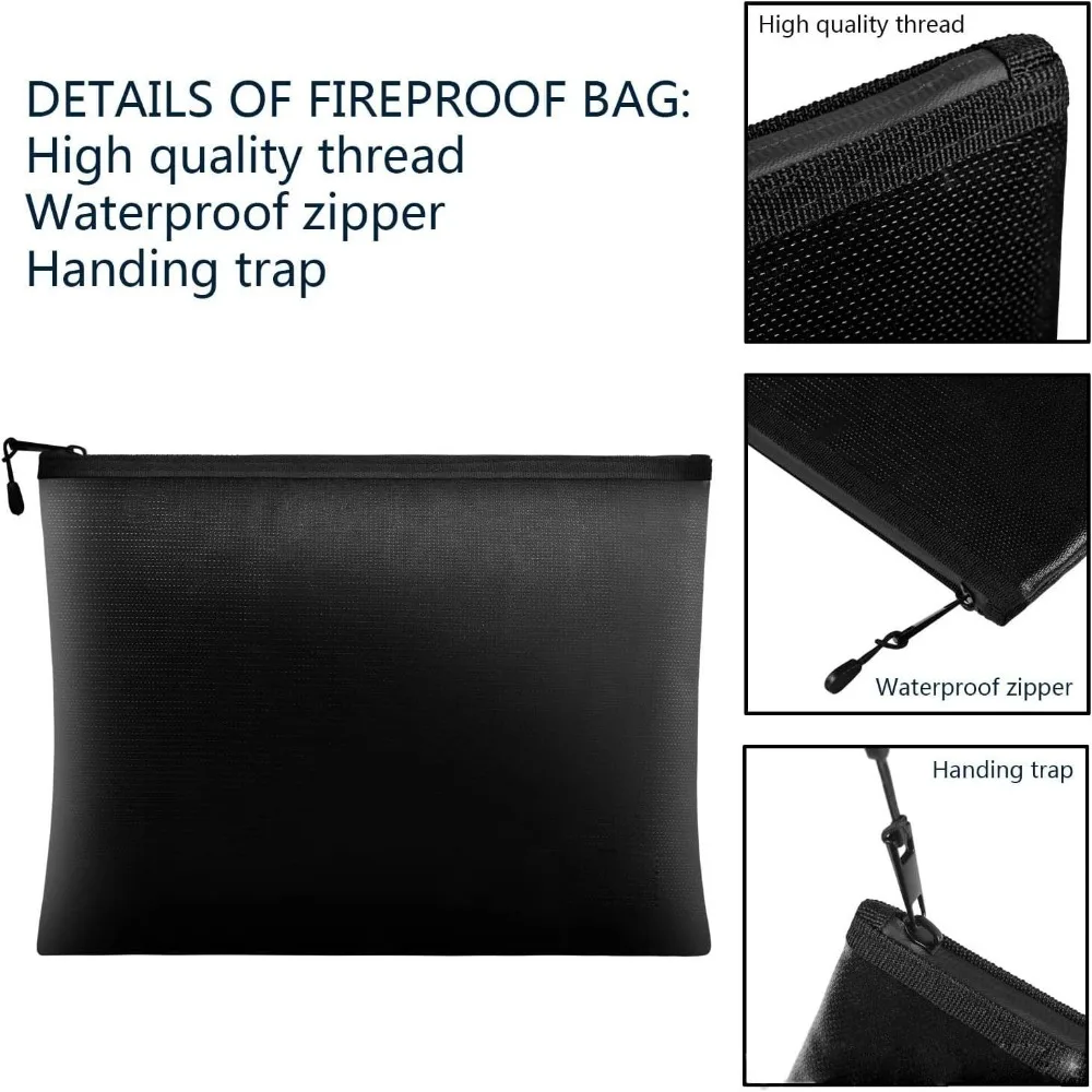 High Temperature Resistant Fireproof Document Bag with Zipper 4 Sizes Fire Safe Storage Pouch Square Multi-Purpose