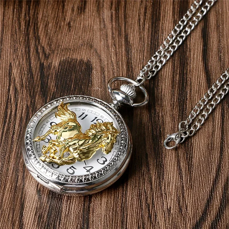 Silver Golden Horse Design Chinese Style Zodiac Men Women Quartz Analog Pocket Watch Sweater Necklace Chain Vintage Gift Clock