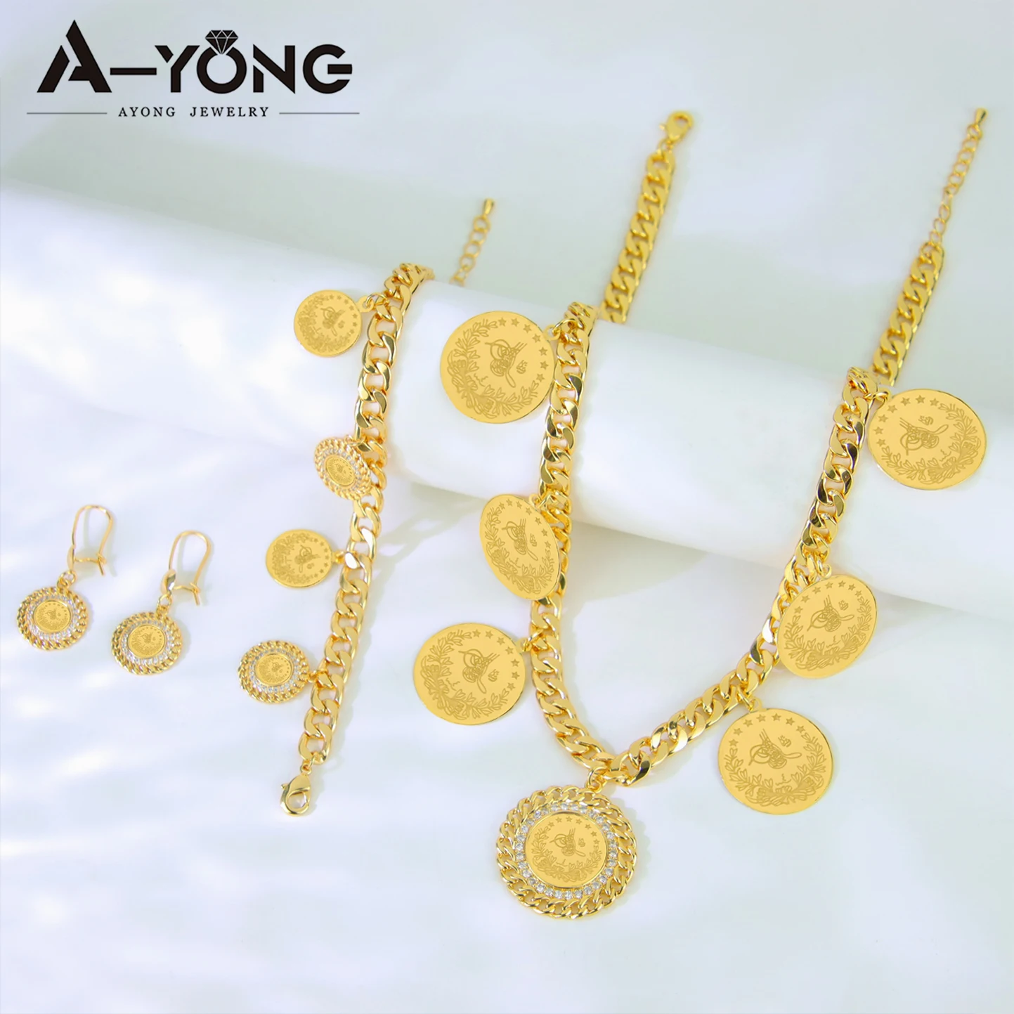 Turkish Fashion Coins Jewelry Set 24k Gold Plated Nigeria Bridal Wedding Necklace Bracelet Earrings Kurdish Ayatul Kursi Jewelry