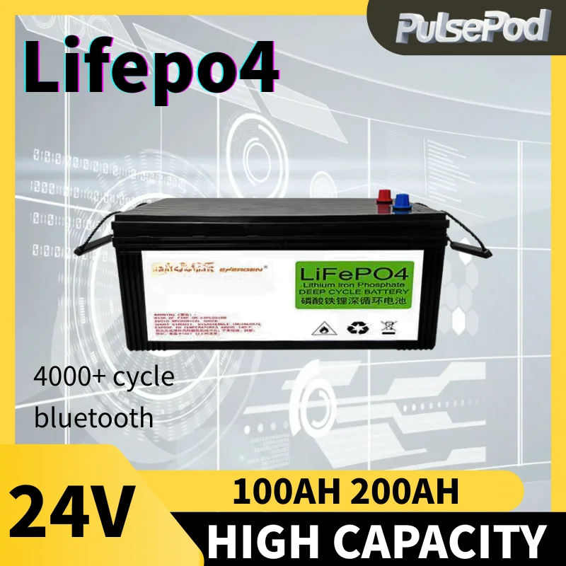 

PulsePod 24V LiFePO4 Battery 100Ah 200Ah Built-in BMS 6000+ Cycles Lithium Iron Phosphate For RV Golf Cart Solar Storage Outdoor