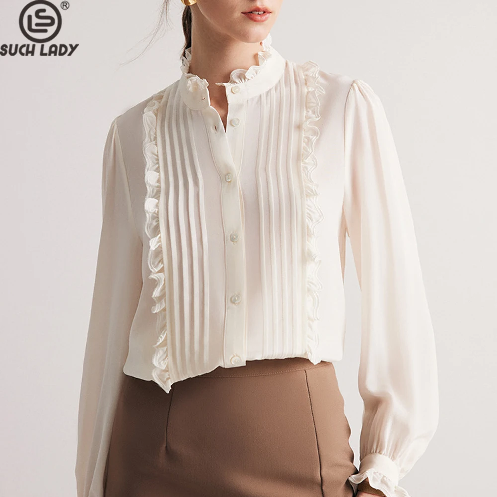 

100% Silk Women's Shirt Stand Collar Pleated Ruffles Elegant Fashion Blouse Tops
