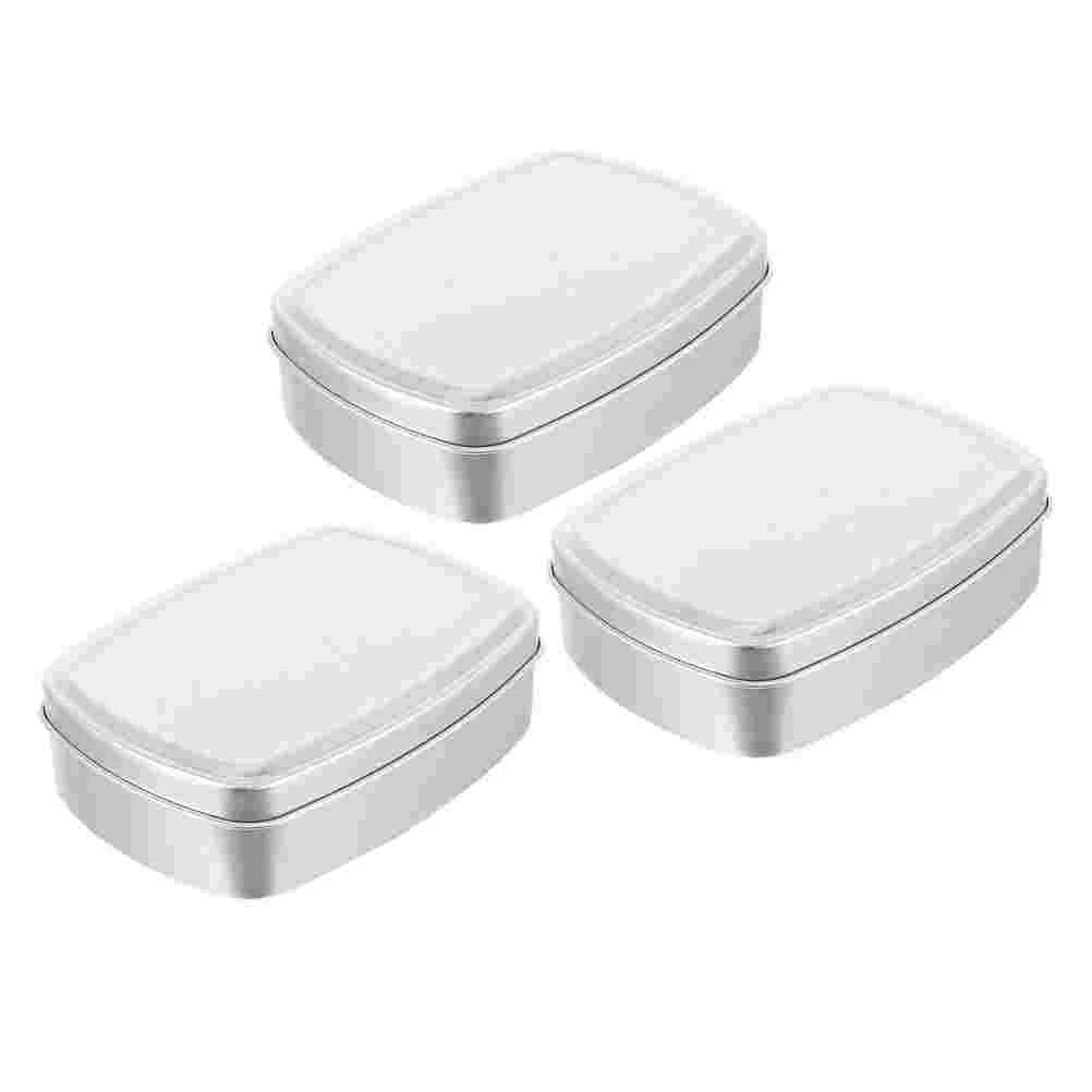 3 Pcs Tray Decor Square Aluminum Box Food Containers with Lids Simple Soap Holder Metal Can Silver Handmade Trays Candy Jar