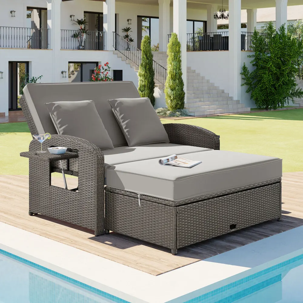 

PE Wicker Rattan Double Chaise Lounge 2-Person Reclining Daybed with Adjustable Back and Protection Cover Gray Patio Furniture