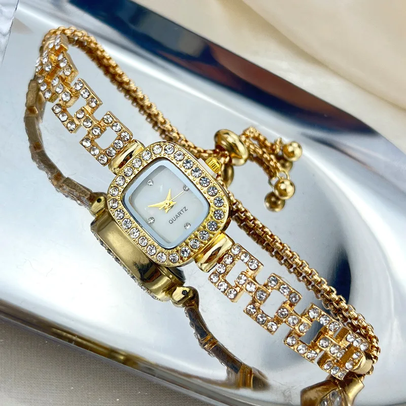 Niche Style Square Women Watch Pull-on Adjustable Link Chain Shiny Rhinestone Decor Ladies Quartz Watch Bracelet Jewelry Gifts