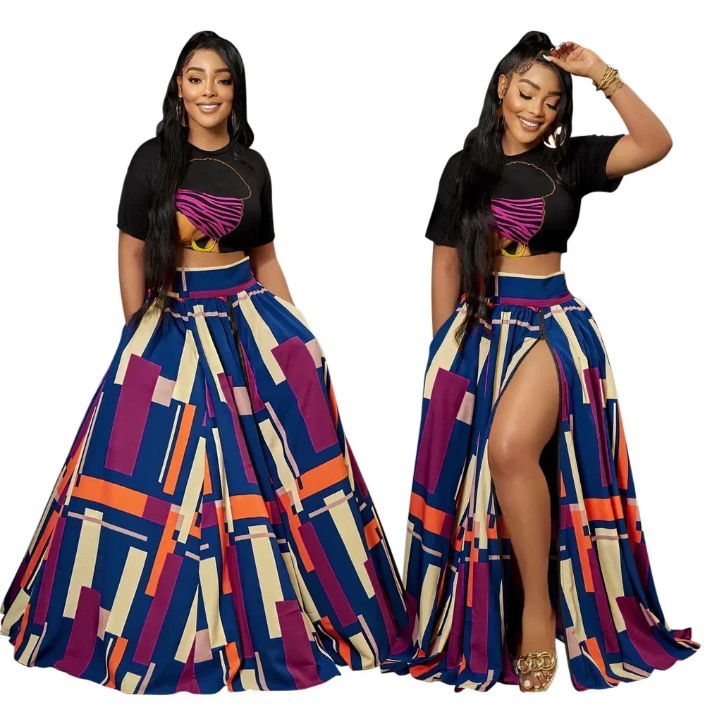 

Long African Skirt Clothes Women 2 Piece Set T Shirt Crop Top Outfits Fashion Print Traditional Dashiki African Party Skirt Suit