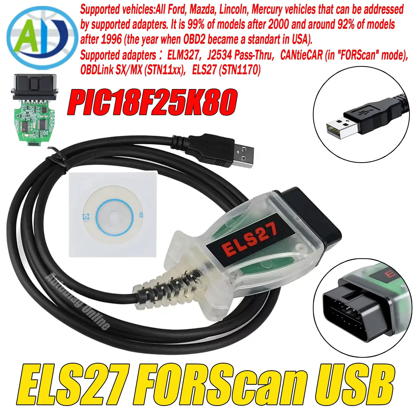 

ELS27 FORScan USB Scanner PIC18F25K80 OBDII Code Reader Multi-Language For Ford/Mazda/Lincoln/Mercury Vehicle ELS327 USB Scanner