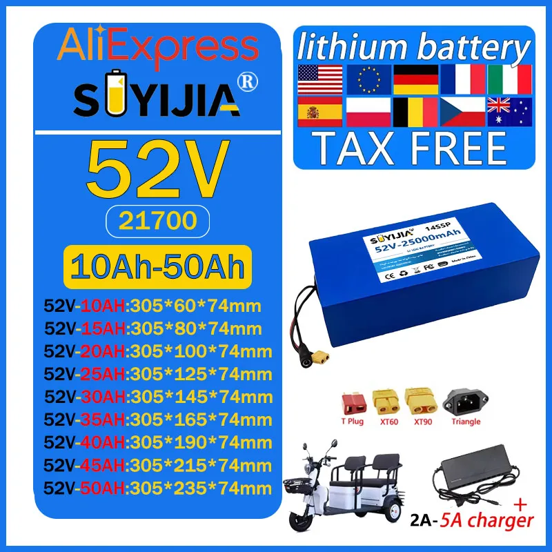 52V 50Ah 45Ah 20Ah 25Ah 30Ah 35Ah 40Ah 21700 Lithium Battery Pack 2000W High Power for Electric Motorcycle Scooter with BMS