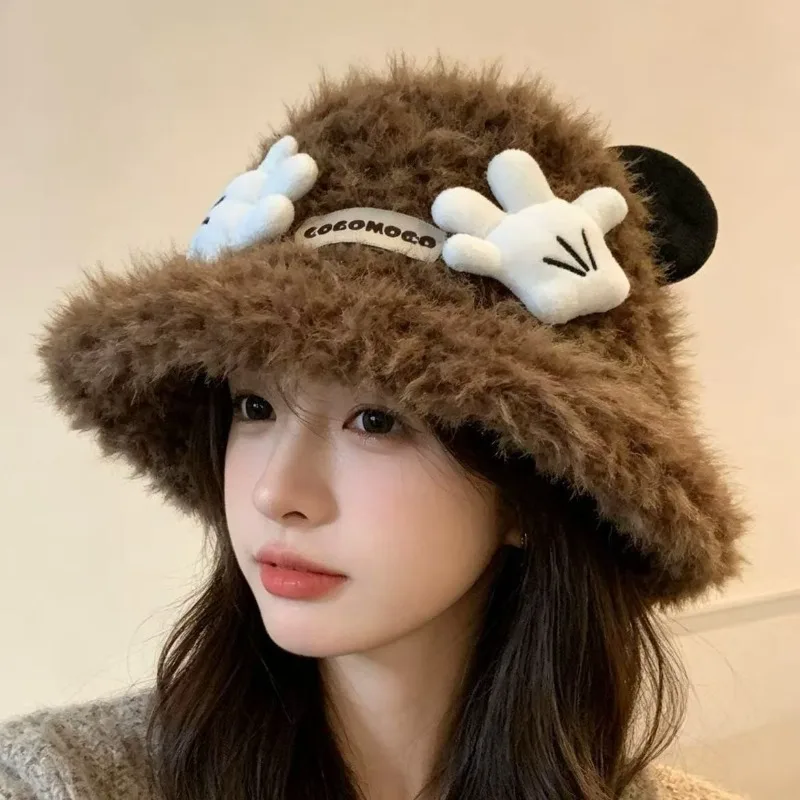 Cute Cartoon Mouse Ears Little Hand Plush Basin Caps Solid Color Warm And Cold Proof Knitted Caps Trendy Cap for Women