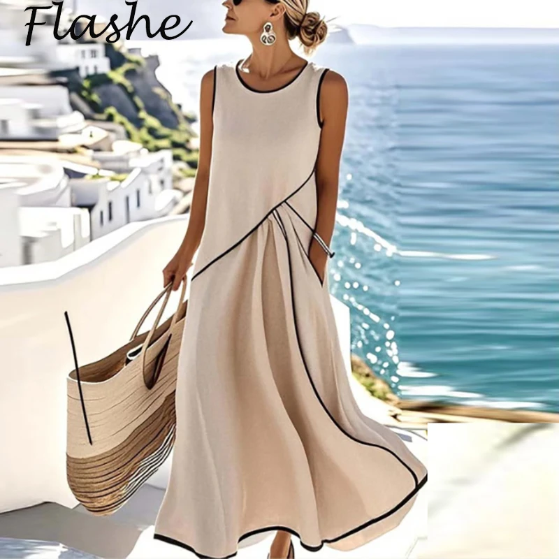 2025 ใหม่ Patchwork แฟชั่นชุดยาวผู้หญิงหลวมชุดผู้หญิงฤดูร้อน Beach Dresses Robe