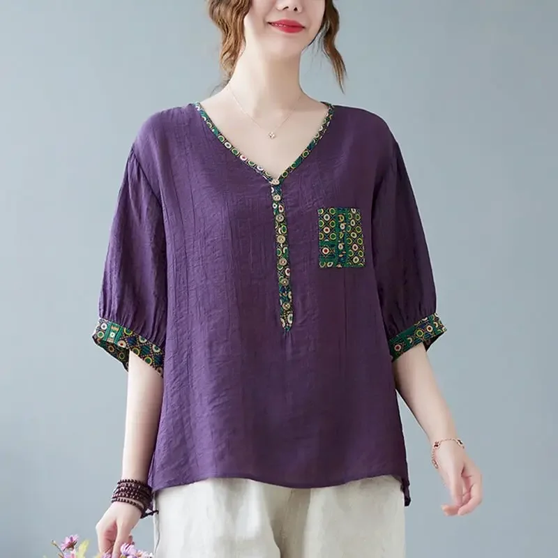 

95% Cotton T Shirts Women Fashion Fake Two-piece T-shirt V-neck Half Sleeve Cotton Linen Tops Summer Trend Thin Oversized Tshirt
