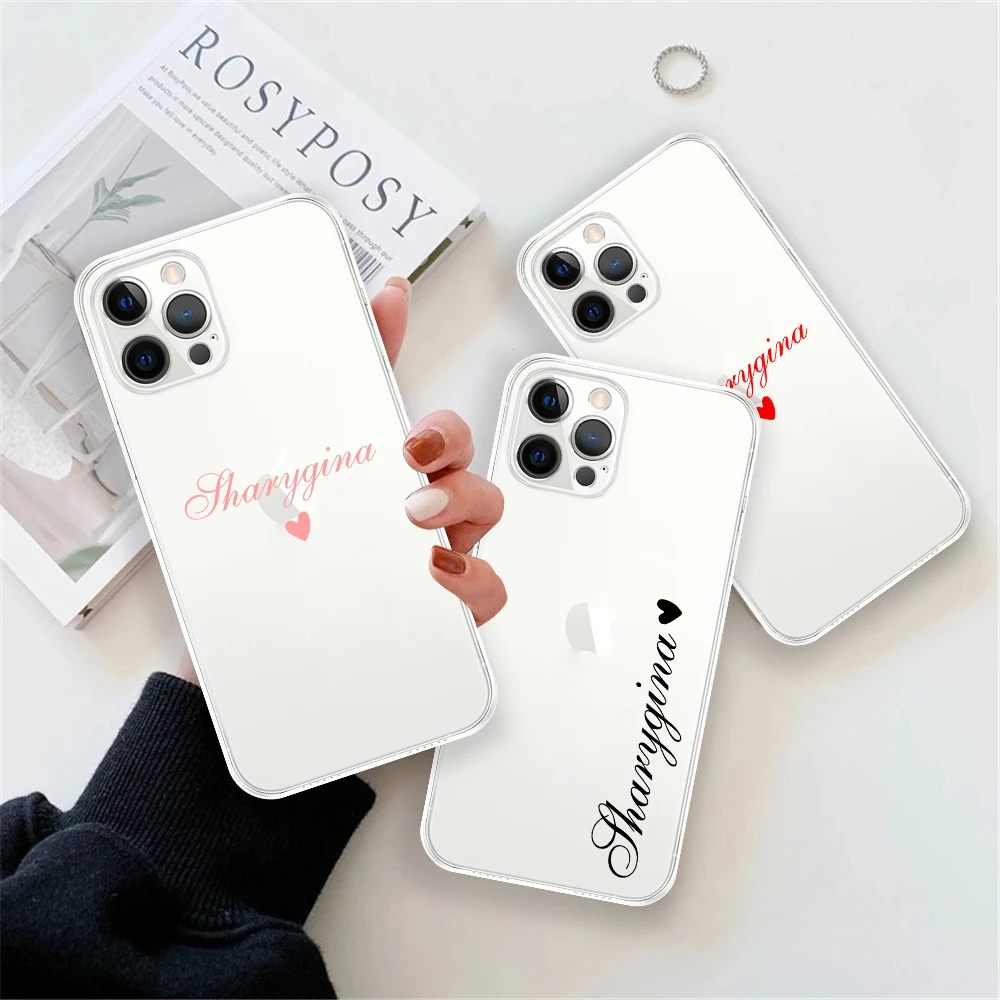 para iPhone 13 12 11 7 8 Plus X XS XR caso personalizado nome personalizado com coração transparente TPU capa macia para iPhone 11