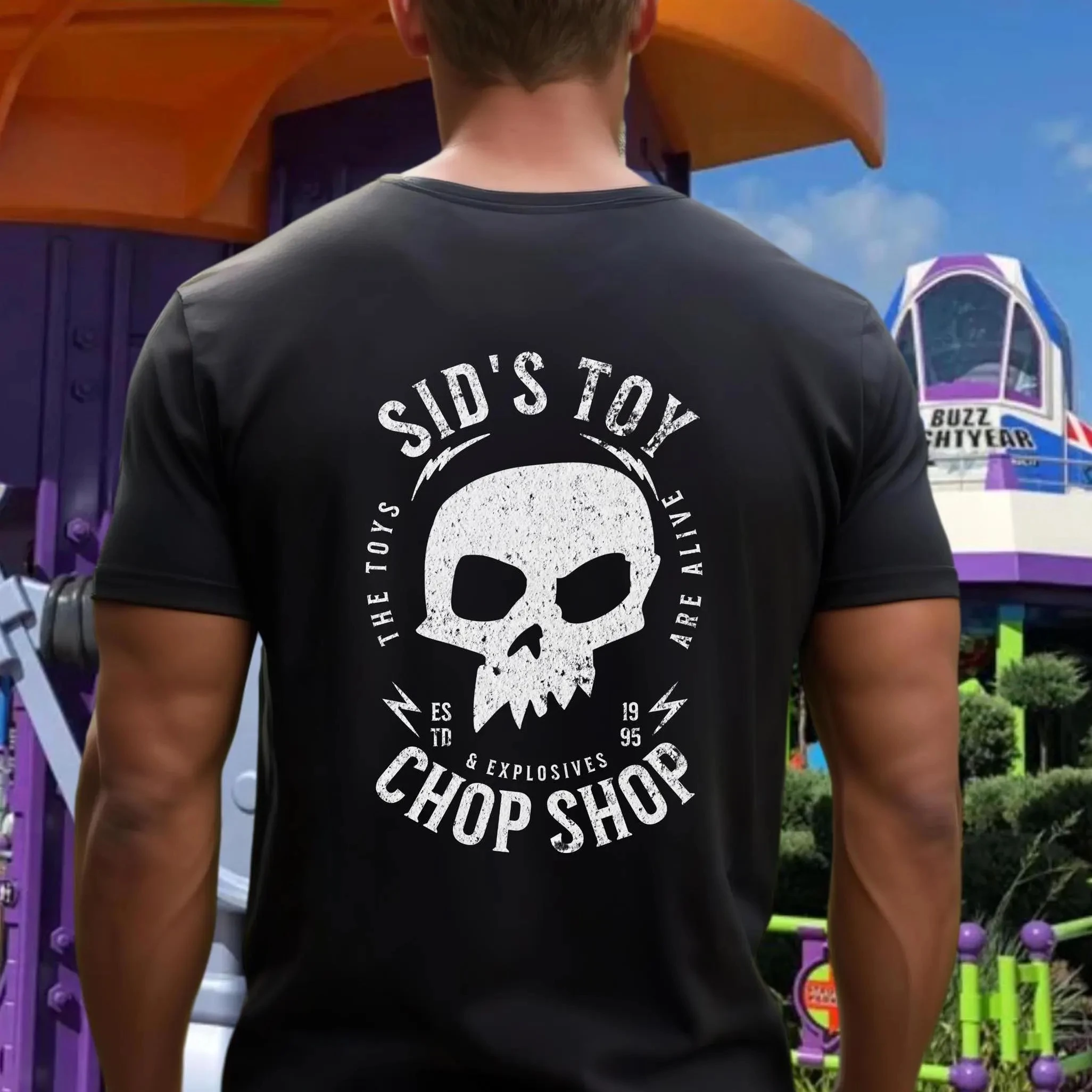 Sid's Toy Chop Shop Skull Back Print Tshirt Vintage Cartoon Fans Cotton Graphic Tee