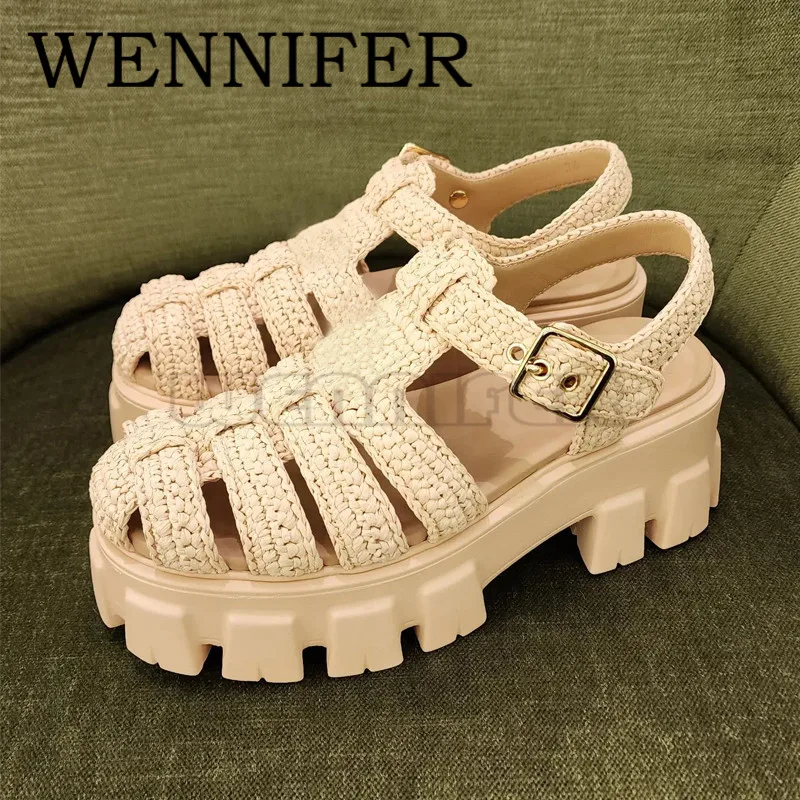 Raffia Platform 55mm Comfortable Sandals Round Toe Caged Strap Rubber Sandals Summer Women Outdoor Beach Casual Flatform Shoes