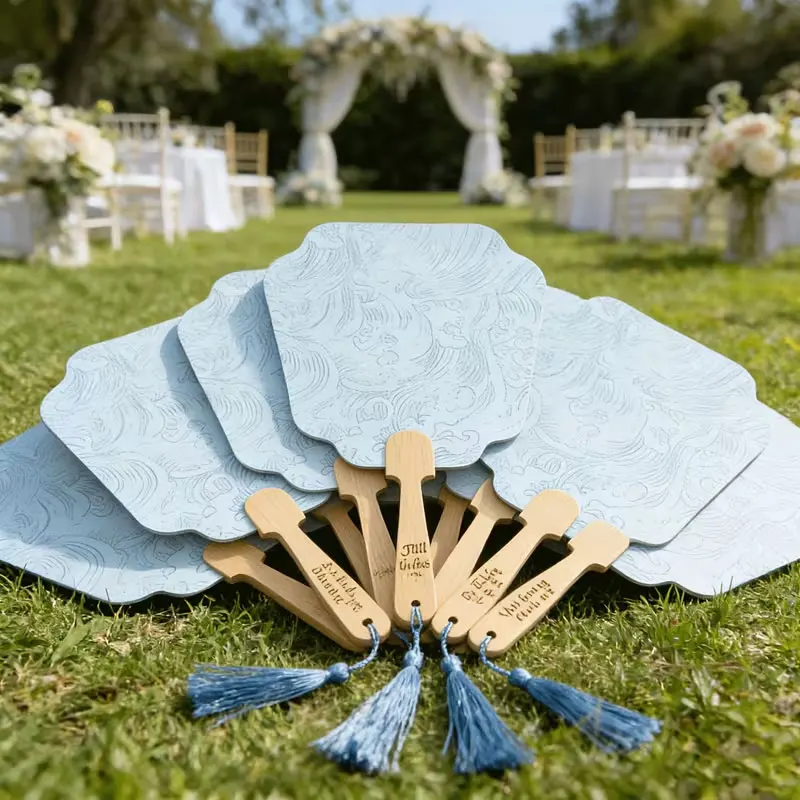 Customized Personalized Light Blue Wave-Shaped Hand Fan - Custom Engraved Bamboo Handle Wedding Fan, Suitable for Bridal Showers and Guest Gifts, Wedding Party Return Gifts, for Wedding Decorations and Gifts, with Random Tassel Colors