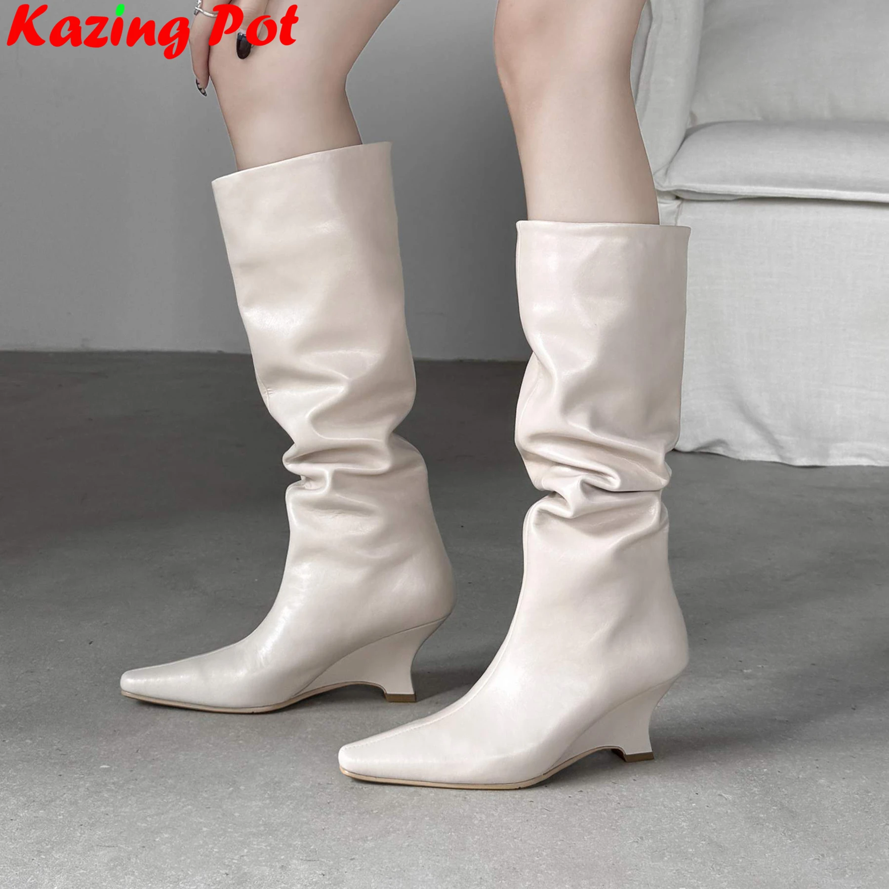 2027 Superstar Cow Split Skin Pointed Toe High Heels Riding Modern Boots Warm Winter Shoes Luxury Pleated Women Knee-high Boots