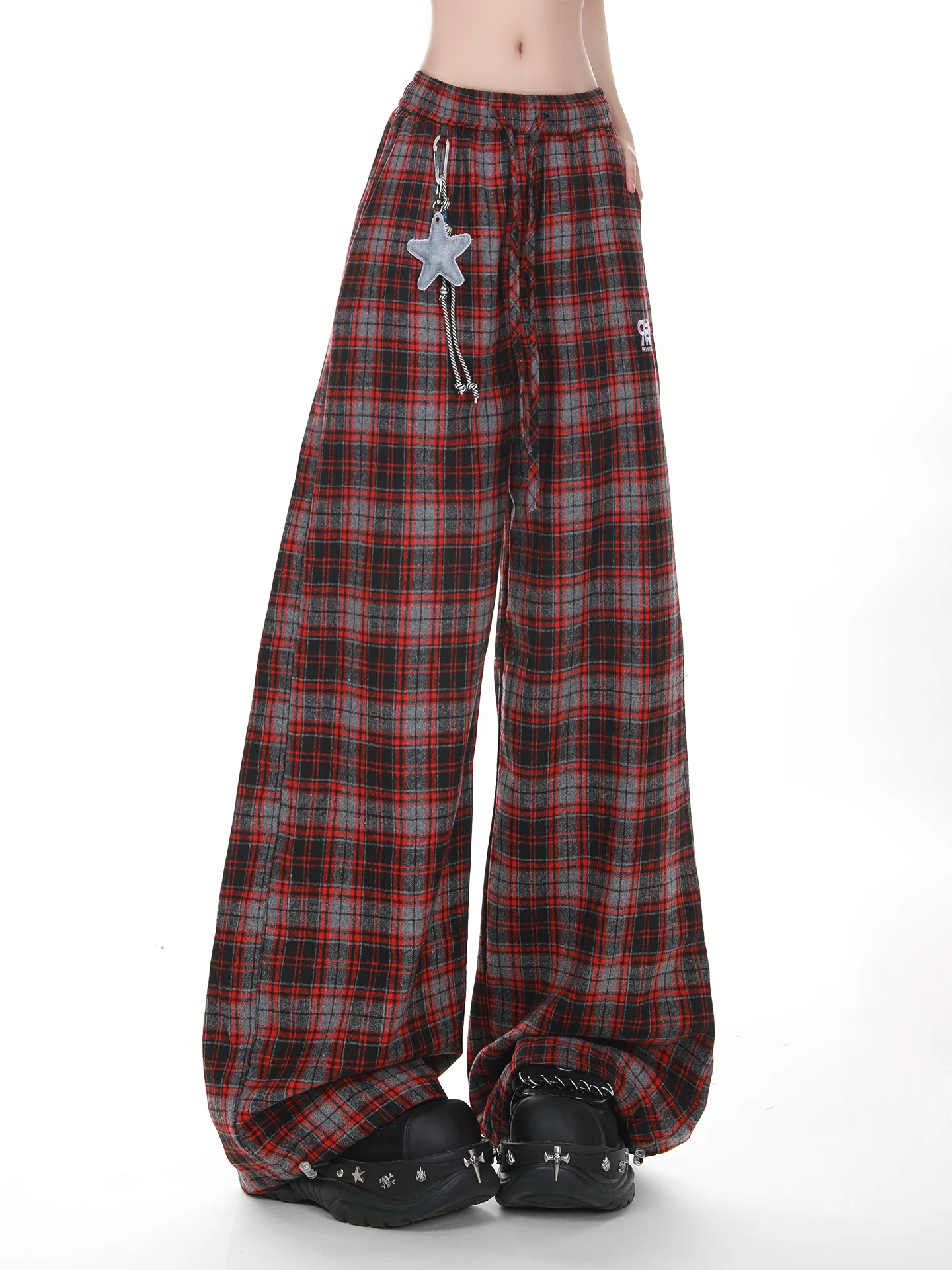 Pantalones informales a cuadros para chica, subcultura Retro japonesa, dulce y fresco, pantalones largos holgados de pierna ancha bordados de cintura alta para mujer, otoño