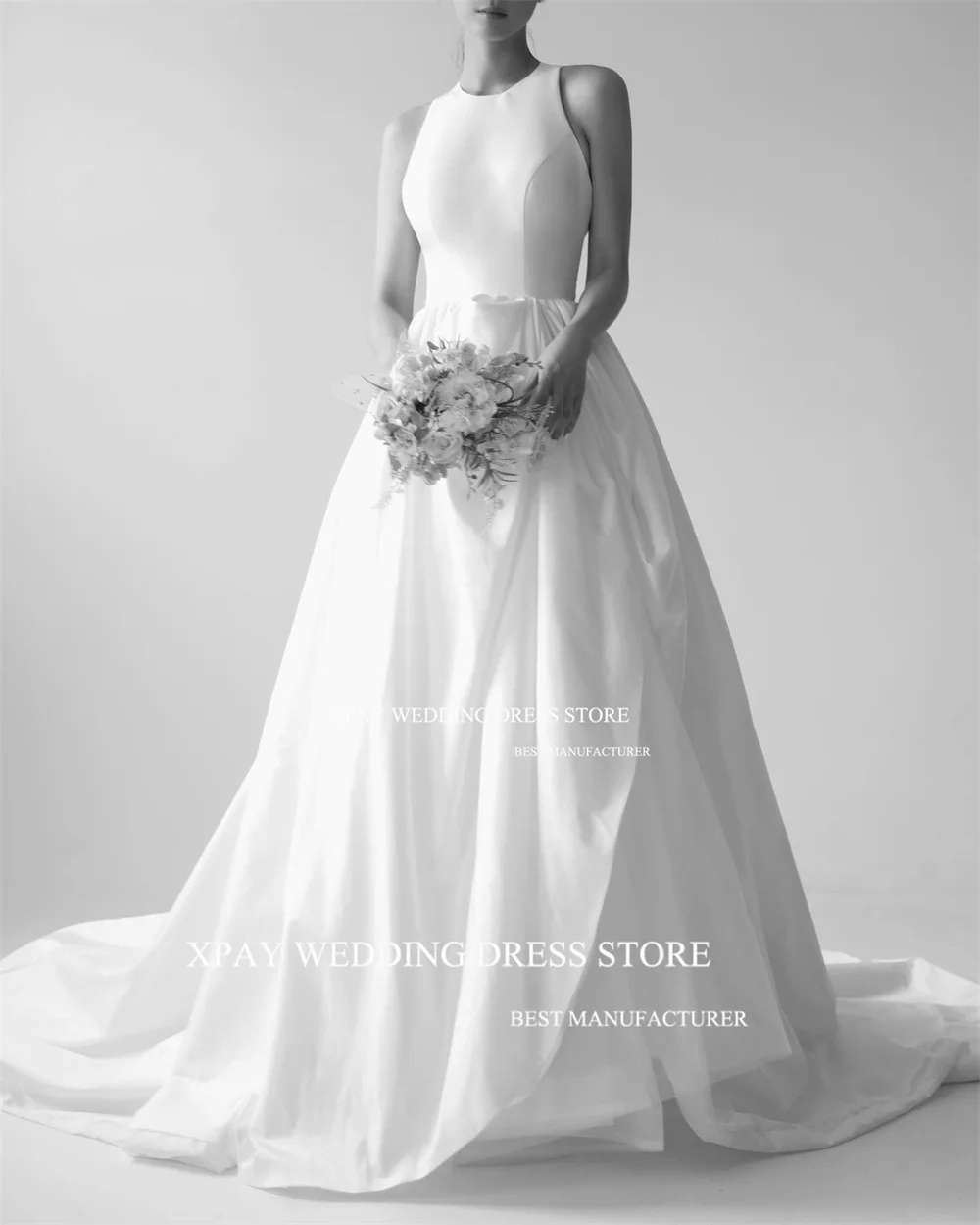 XPAY O Neck Korea Wedding Dress Sleeveless Customised Open Back Bridal Gown Backless Floor Length Pleats Bride Dress Photo Shoot