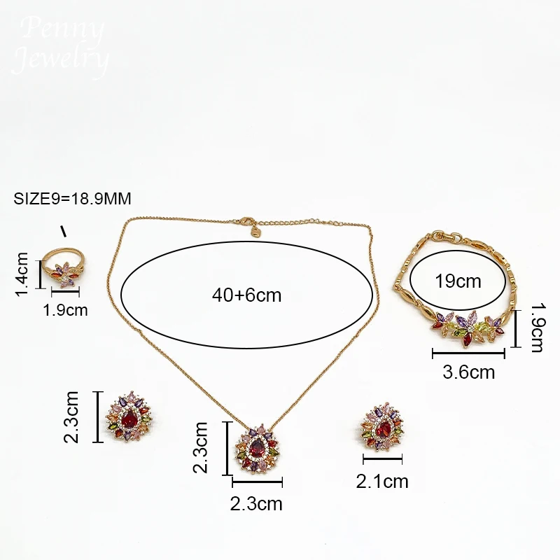 Joyería de circonia de lujo, conjunto de joyería de 4 Uds., diamantes de imitación de Dubái, collar chapado en oro de 18K, pendiente, pulsera, anillo, regalos de fiesta de boda