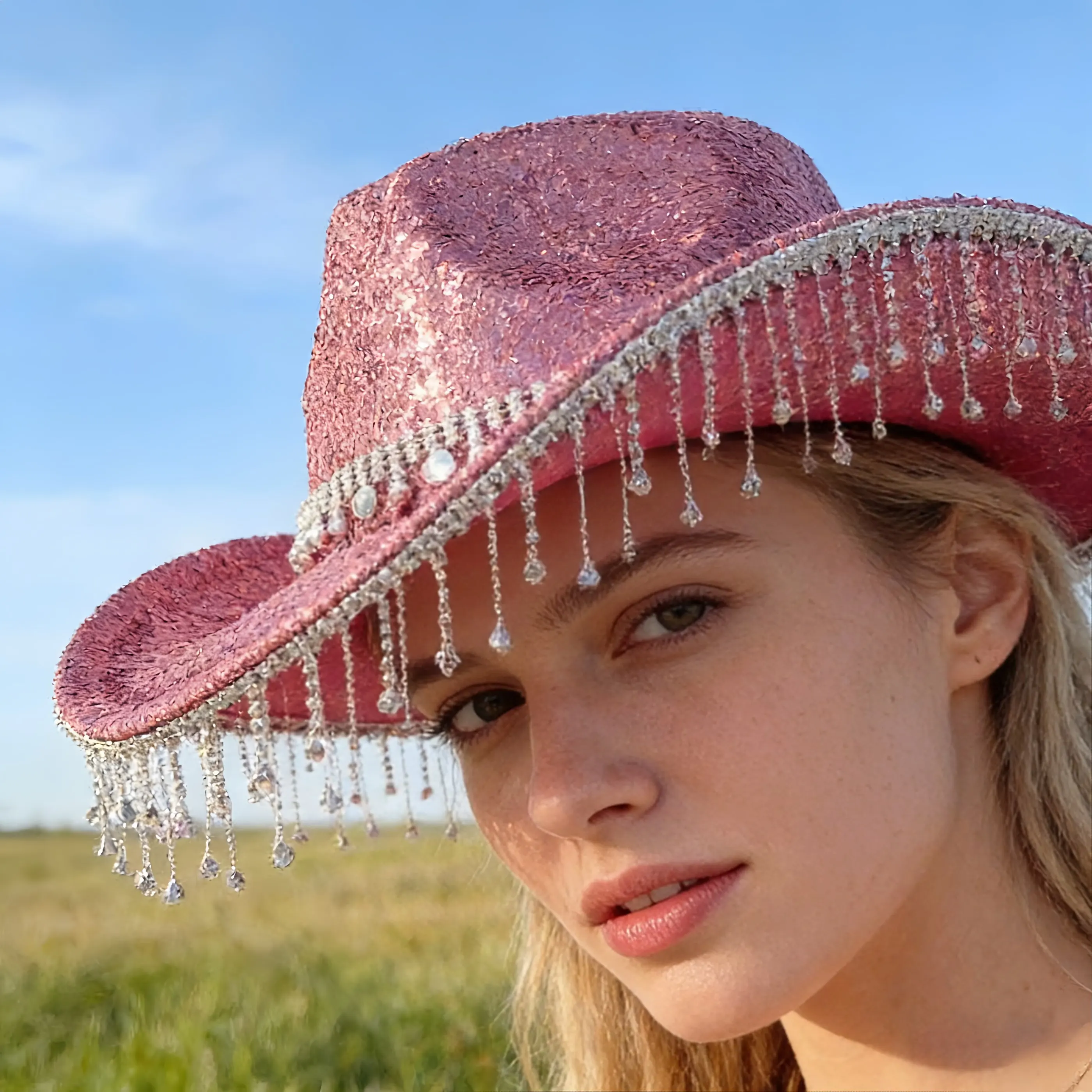 

HongLuan Glitter Costume Hat Adult & Cowboy Hats Rhinestone for Woman, Cowboy Cosplay Female Accessories & Cowgirl Cap