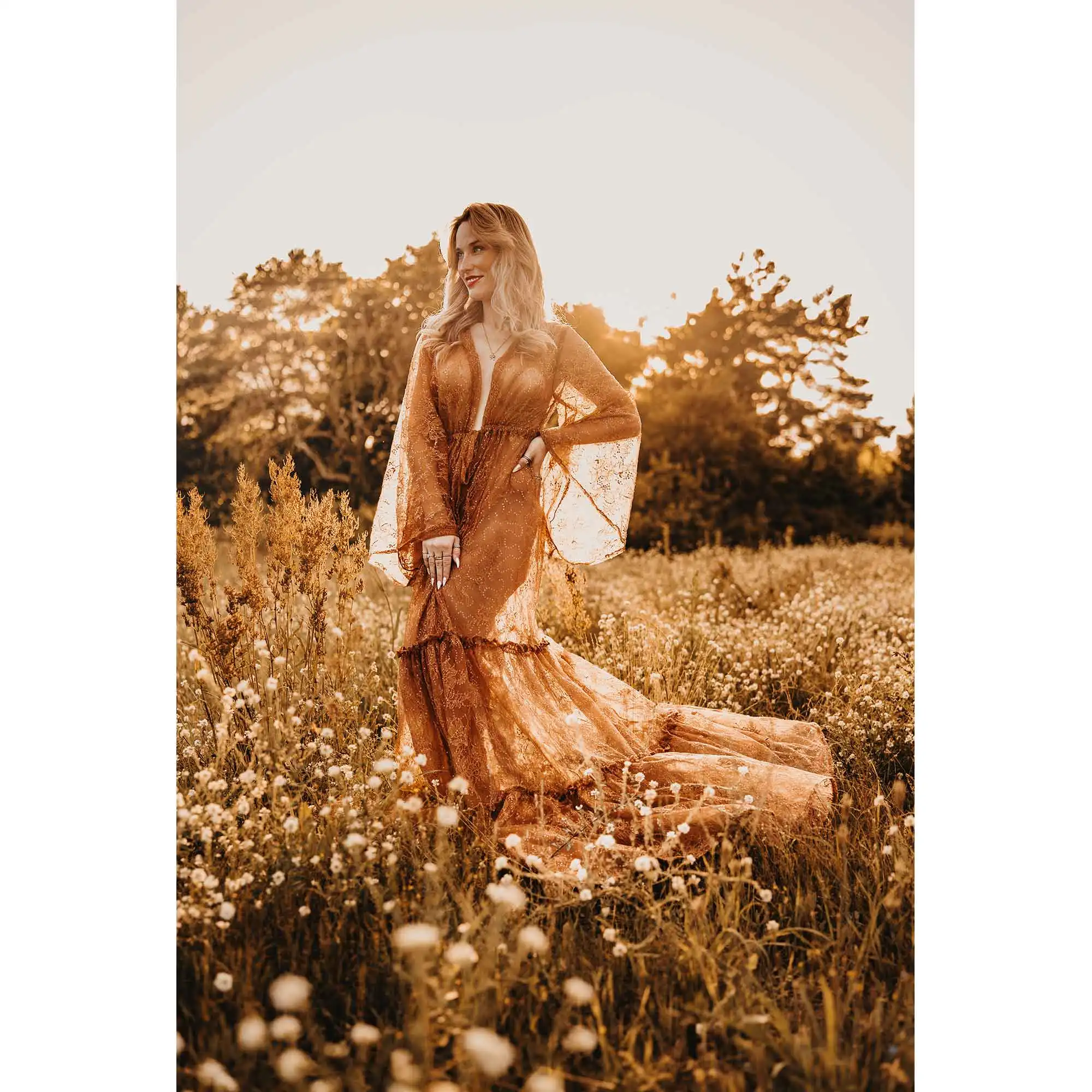 Don&Judy Sheer Embroidered Lace Gown with Deep V-Neck Tiered Ruffled Skirt Sweep Train Maternity or Non-Maternity Photography