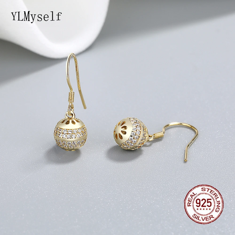 

Pretty Real Sterling Silver Ball Earrings Pave Bright Cubic Zircon Gold color Tassel Chain Solid 925 Jewelry