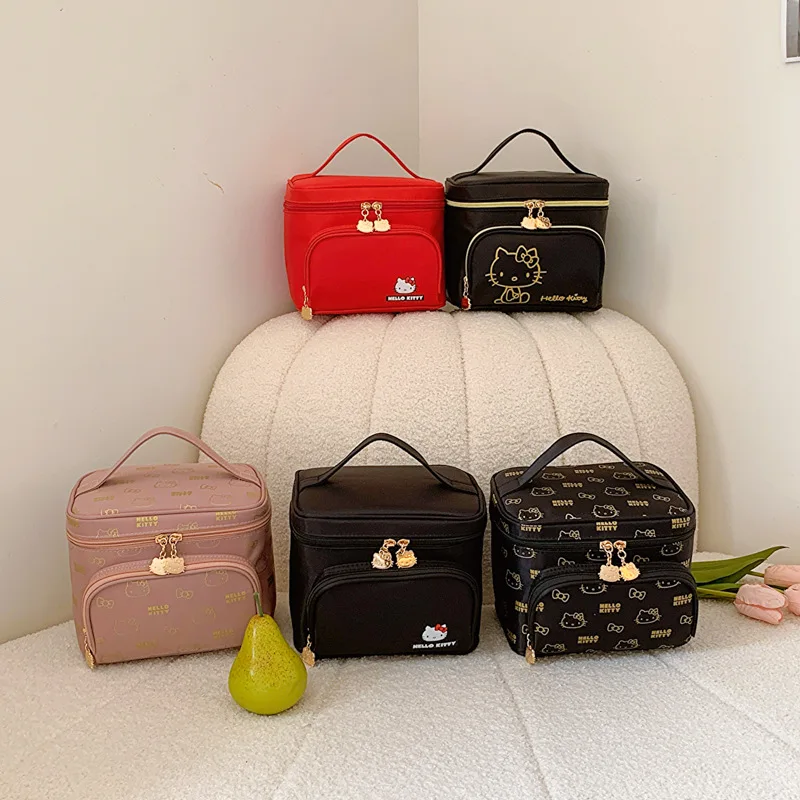 Original HelloKitty Cosmetic Case Sanrio Makeup Pouch Genuine Portable Cosmetic Bag Semi-setting Multifunctional Large Capacity