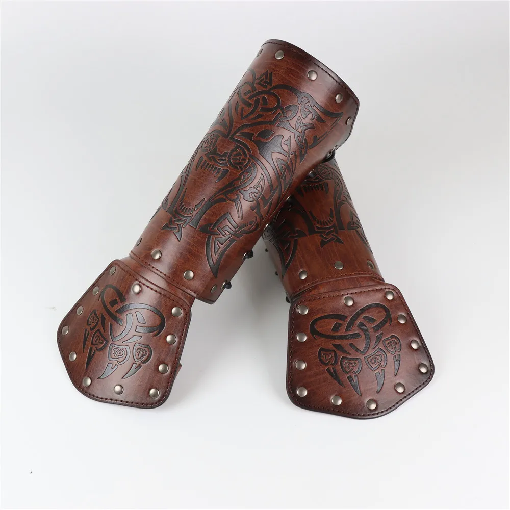 Protezione da polso medievale con lacci da uomo armatura da polso vichinga scaldamuscoli in pelle PU Knight Bracer Pirate Cosplay puntelli accessori