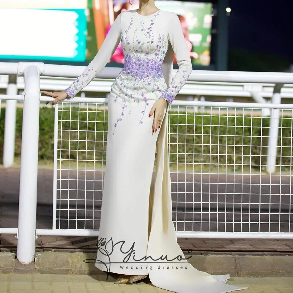 Customized A-line Evening Dresses Floor-length O-neck Full Sleeve Prom Gown Fashion Flowers Sequined Simple Draped