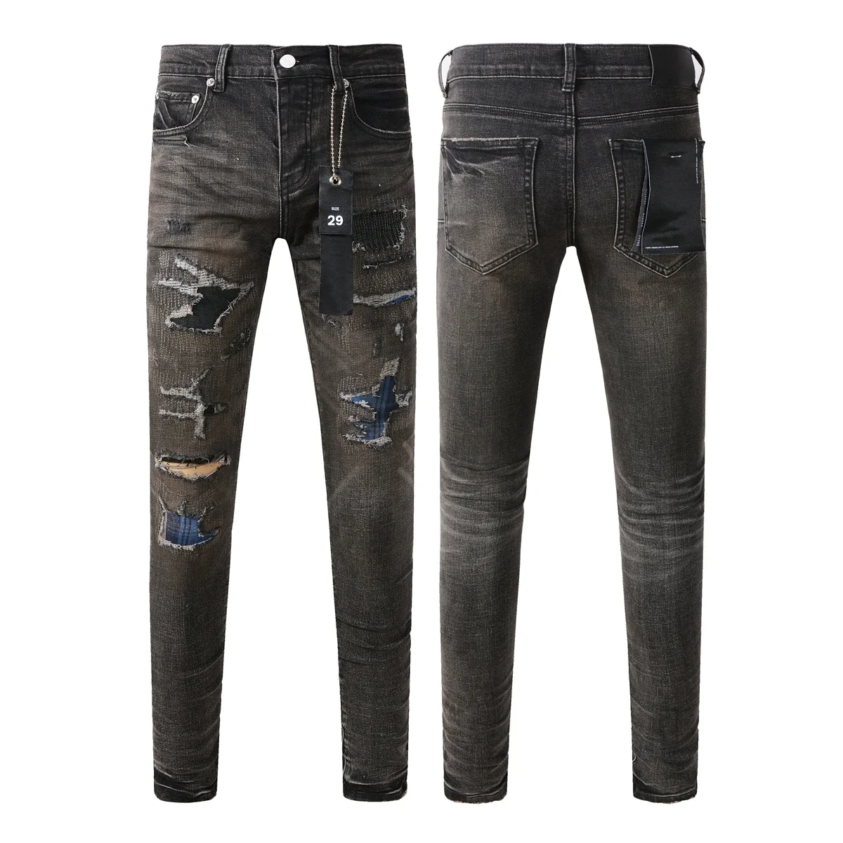 Fashion 2024 Purples Jeans Brand  Men High Street Paint Dot Knife Cut Hole Repair Low Rise Skinny Denim Pants