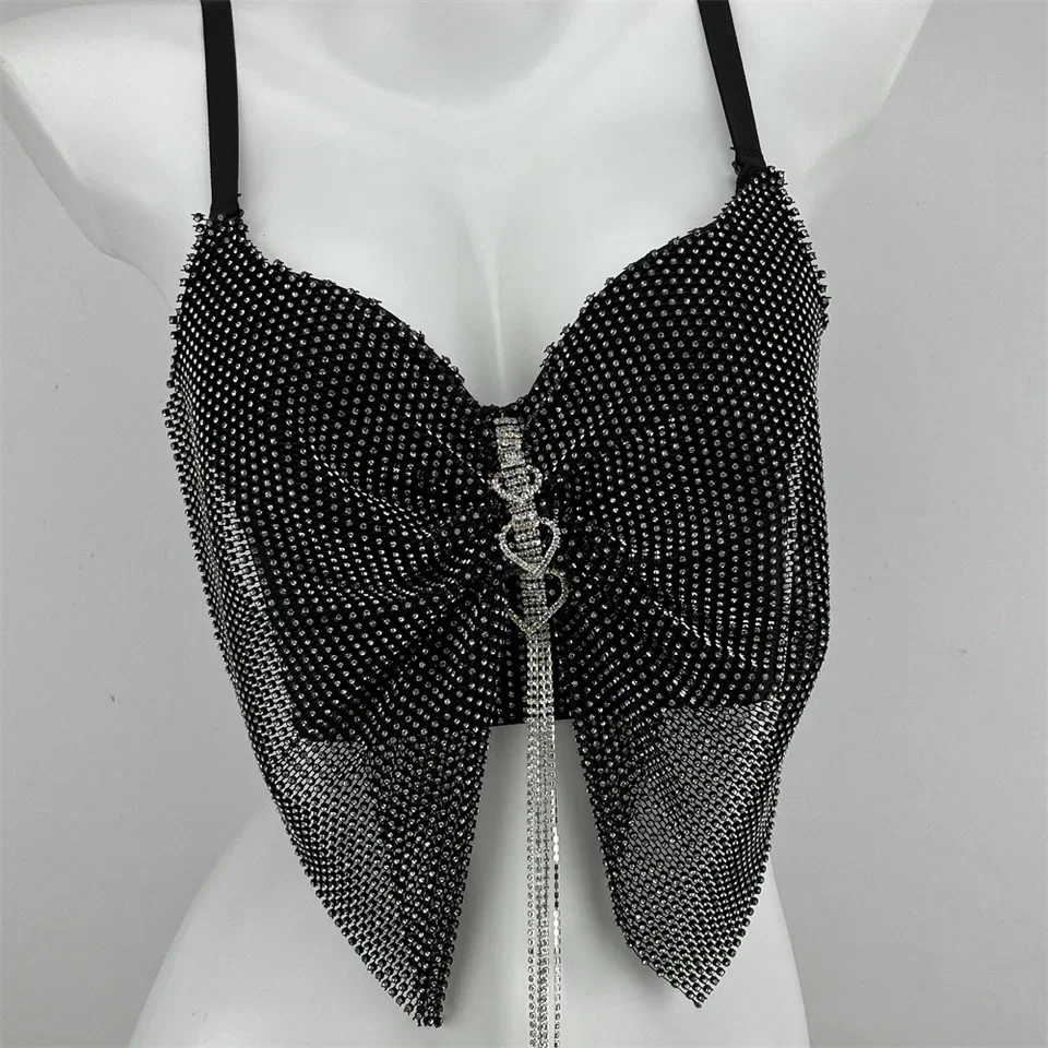 Sexy Tassel Halter Top Female Deep V See-Through Lace Corset + Rhinestone Pendant Accessories Nightclub Party Robe