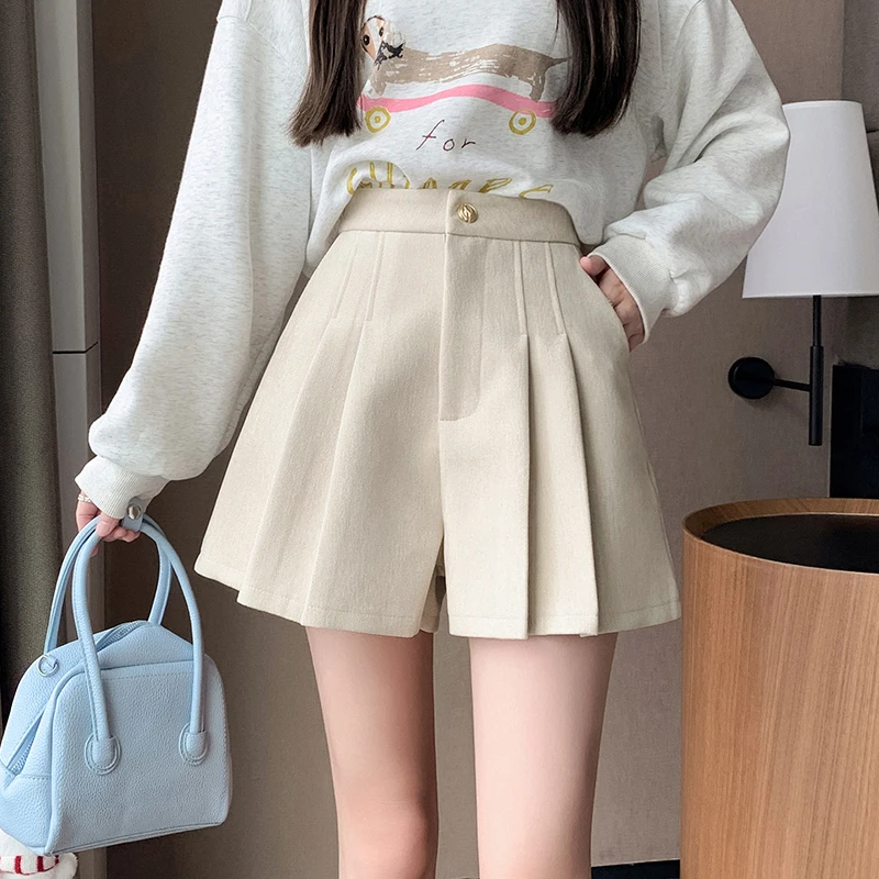 Korean Style Lady Fashion Pleated Shorts Skirts Women New Autumn Winter High Waist Wool Blend Shorts Woman Woolen Casual Shorts