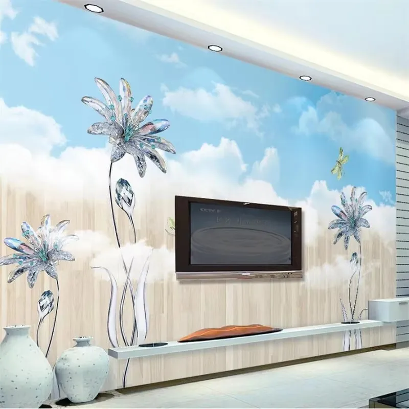 Custom wallpaper 3d new fashion jewelry crystal blue sky white clouds TV backdrop Curtains Jewelry Crystal wallpapers home decor