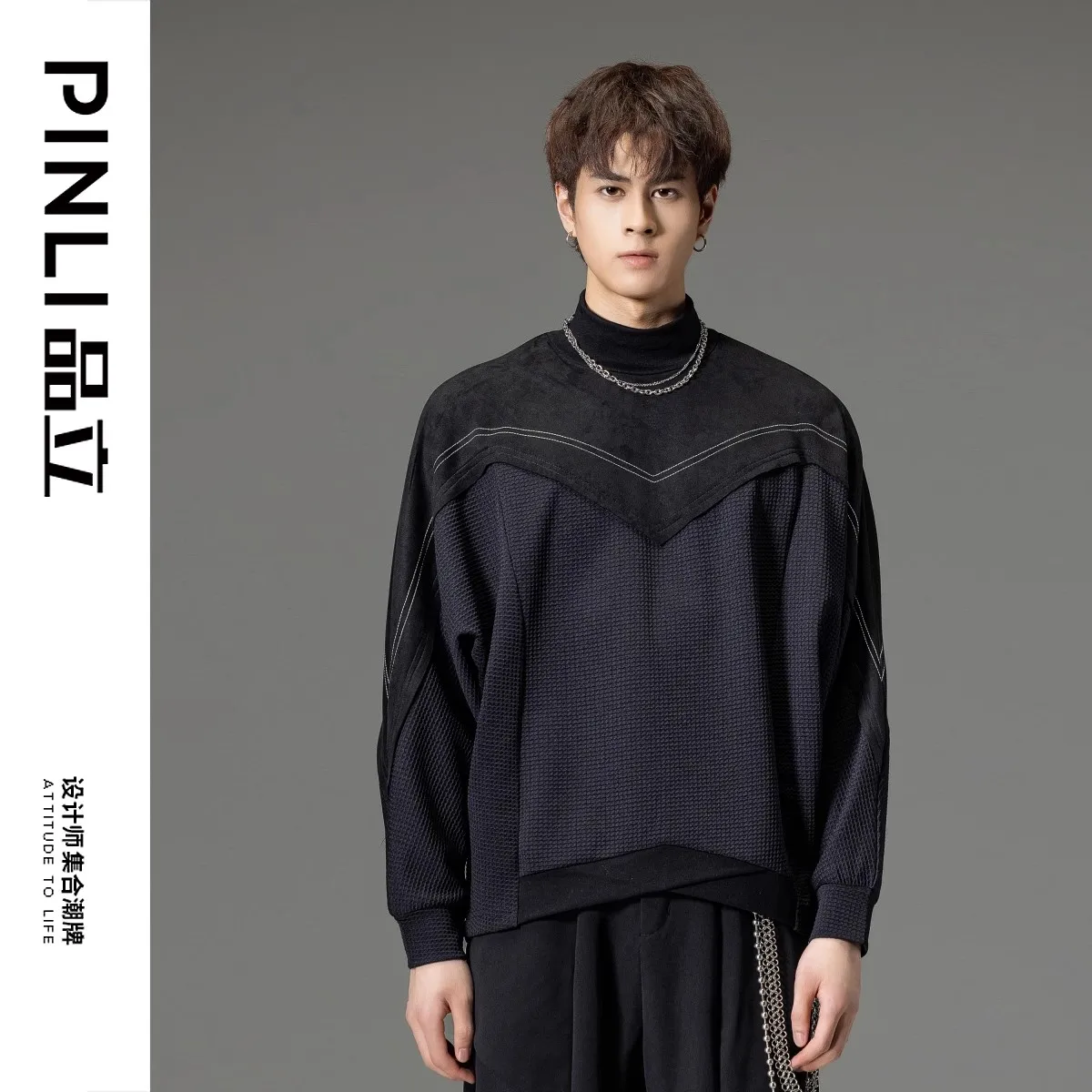 

New Design Unique 2023 Autumn Men's Jacquard Spliced Pullover Half High Collar Fashion Casual Top Loose Sweatershirt B233109116