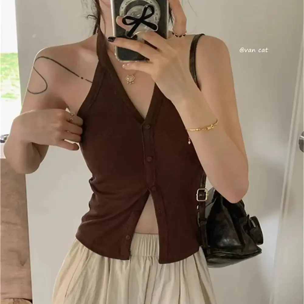 Solid Color Design V-Neck Short Sleeve Women Chic Tank Top Neck Hanging Vest Summer Slim Fit with Chest Pad Versatile Basic Tops