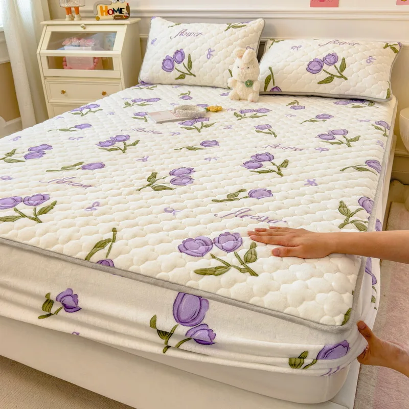 

1pc Cartoon Printed Bed Cover with Elastic Band Winter Warm Milk Velvet Bedsheet Single/Queen/King Fitted Sheet Thick Bed Linens