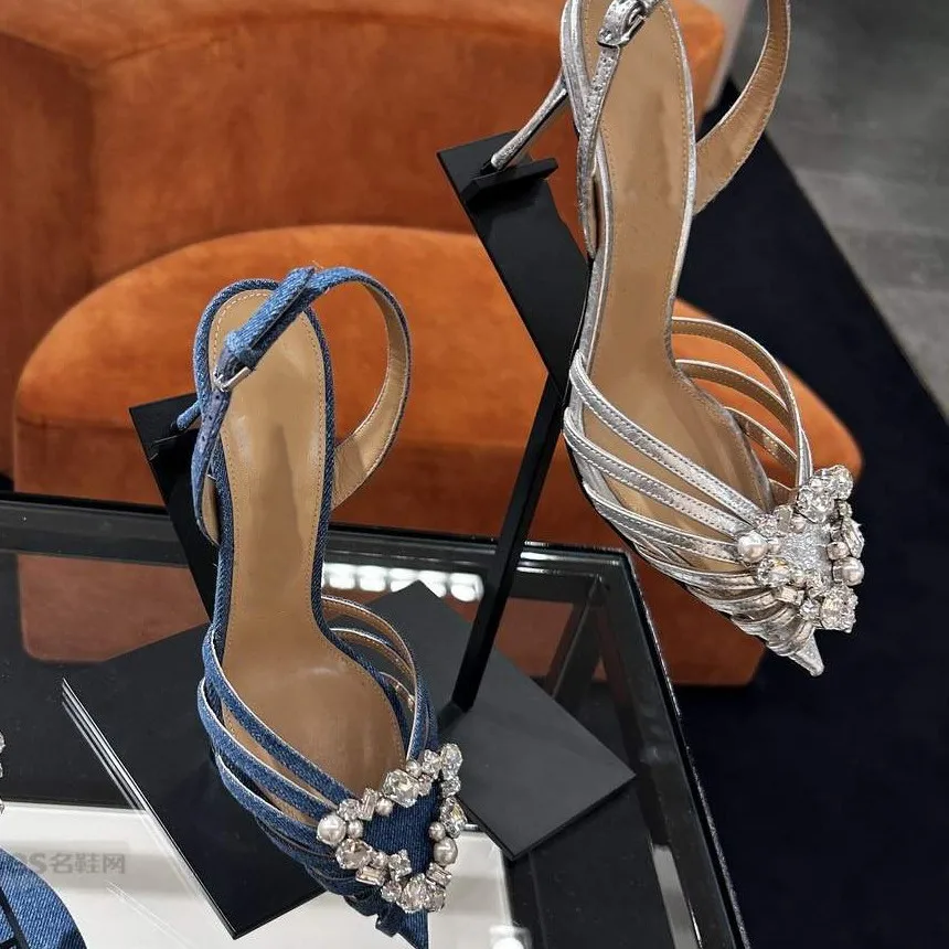 Summer new pointed pearl rhinestone buckle fine strap sandals, versatile party dress, denim slim heel high-heeled women's shoes view 4