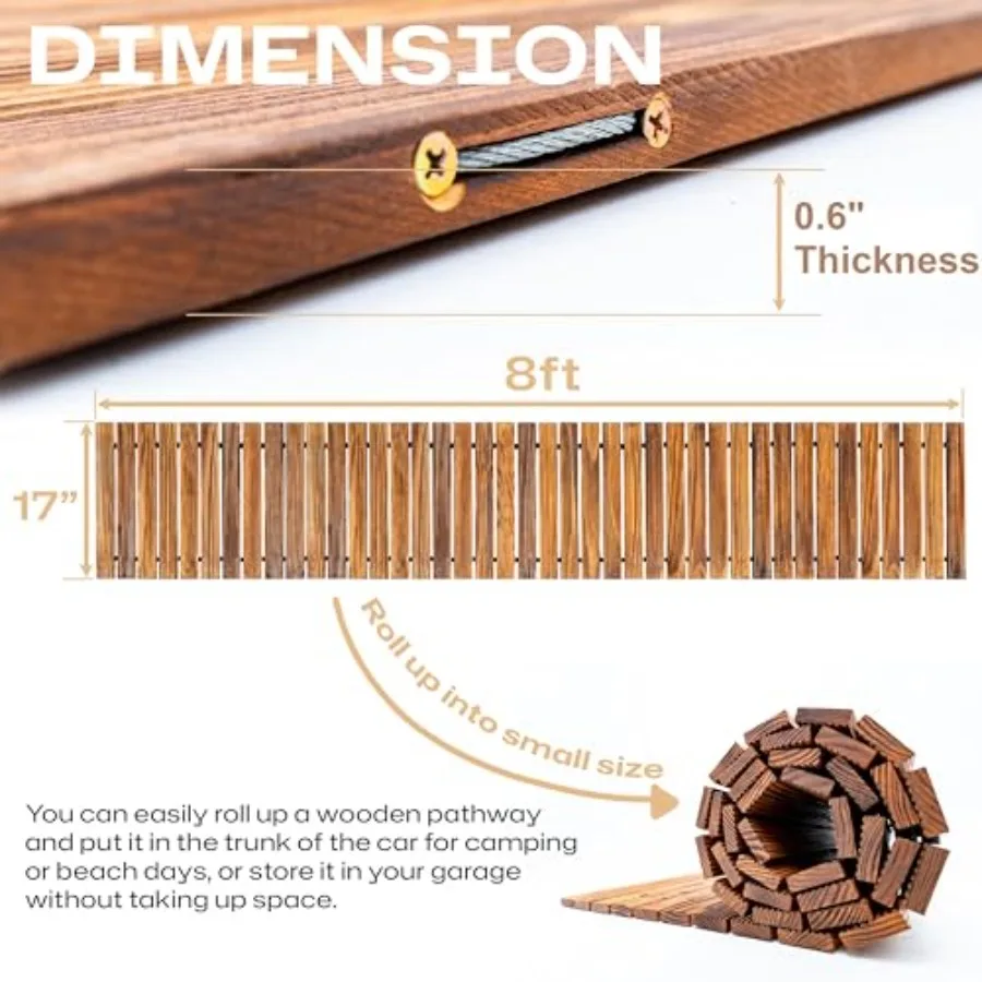 Garden Pathway Application, Carbonized Wood Material, Natural Pine Color, Anti-Slip Grooves And Flexible Roll-Up Design