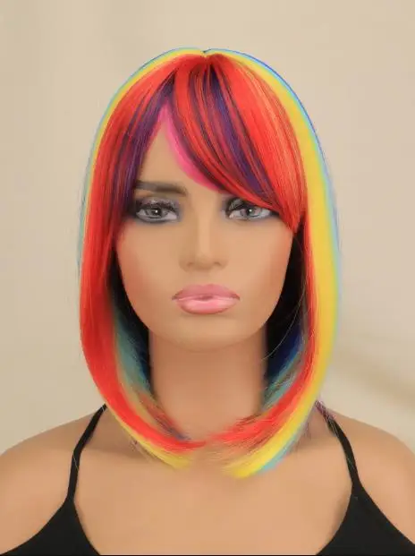 

QQXCAIW Multicolor Rainbow Wig Short Bob Wig With Bangs Curly Wavy Synthetic Cosplay Wig For Women Girls