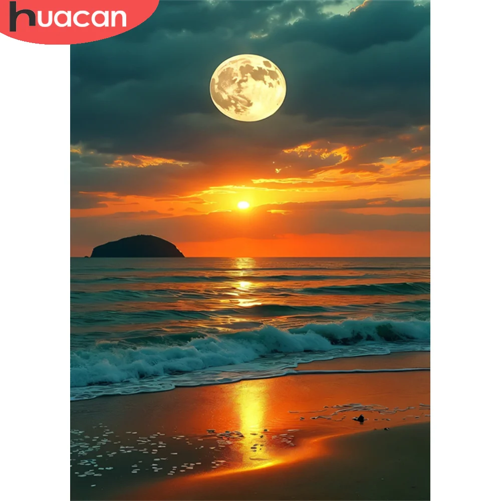 Huacan Diamant-Malerei, Kunstwerk, Sonnenuntergang und Mondlicht, Strand-Thema, lebendige Leinwand, ideal für Heimdekoration, Diamant-Stickerei