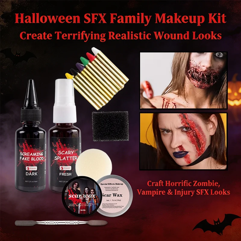 Halloween SFX Makeup Kit Scar Wax Fake Blood Spray Face Paint Sticks Sponge Spatula Set for Zombie Wound Scar Bruise  Cosplay