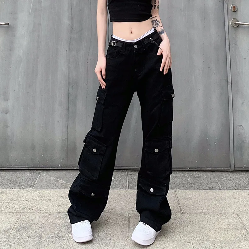 

Women Casual Wide Leg Cargo Pants Packets Metal Buckle Low Waist Black Color Trousers Hot Girl Straight Barrel Slim Sweatpants