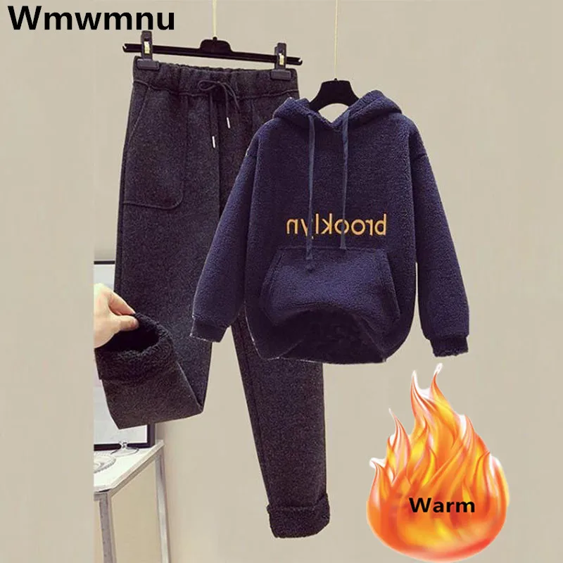 Lambwool Hoodies Suit Plush Warm Sweatpants Outfit Winter Thick Sweatshirt Conjuntos Casual Joggers Tracksuit 2 Piece Sets Women