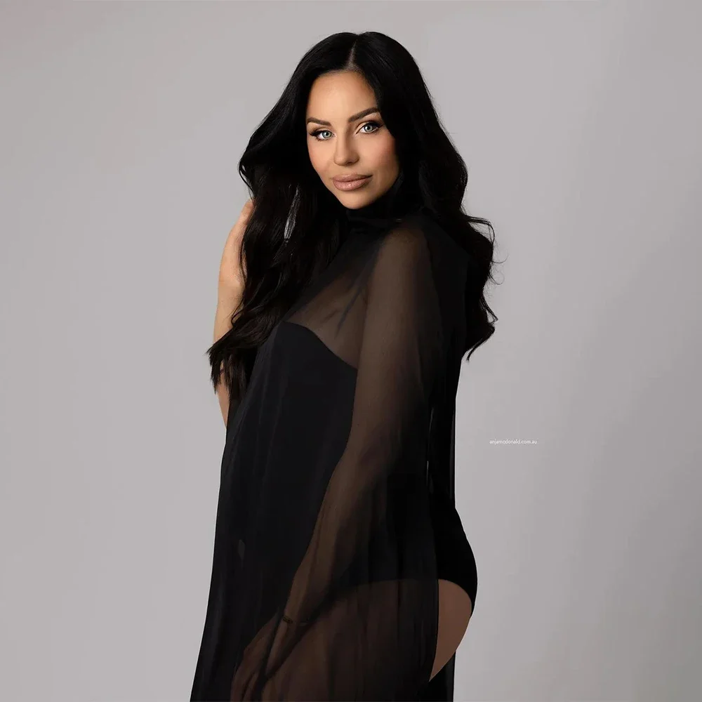 Black Chiffon Cape Maternity Dresses Photoshoot For Elegant Pregnancy Photo Shooting Dress Baby Shower Photography Stylish Maxi