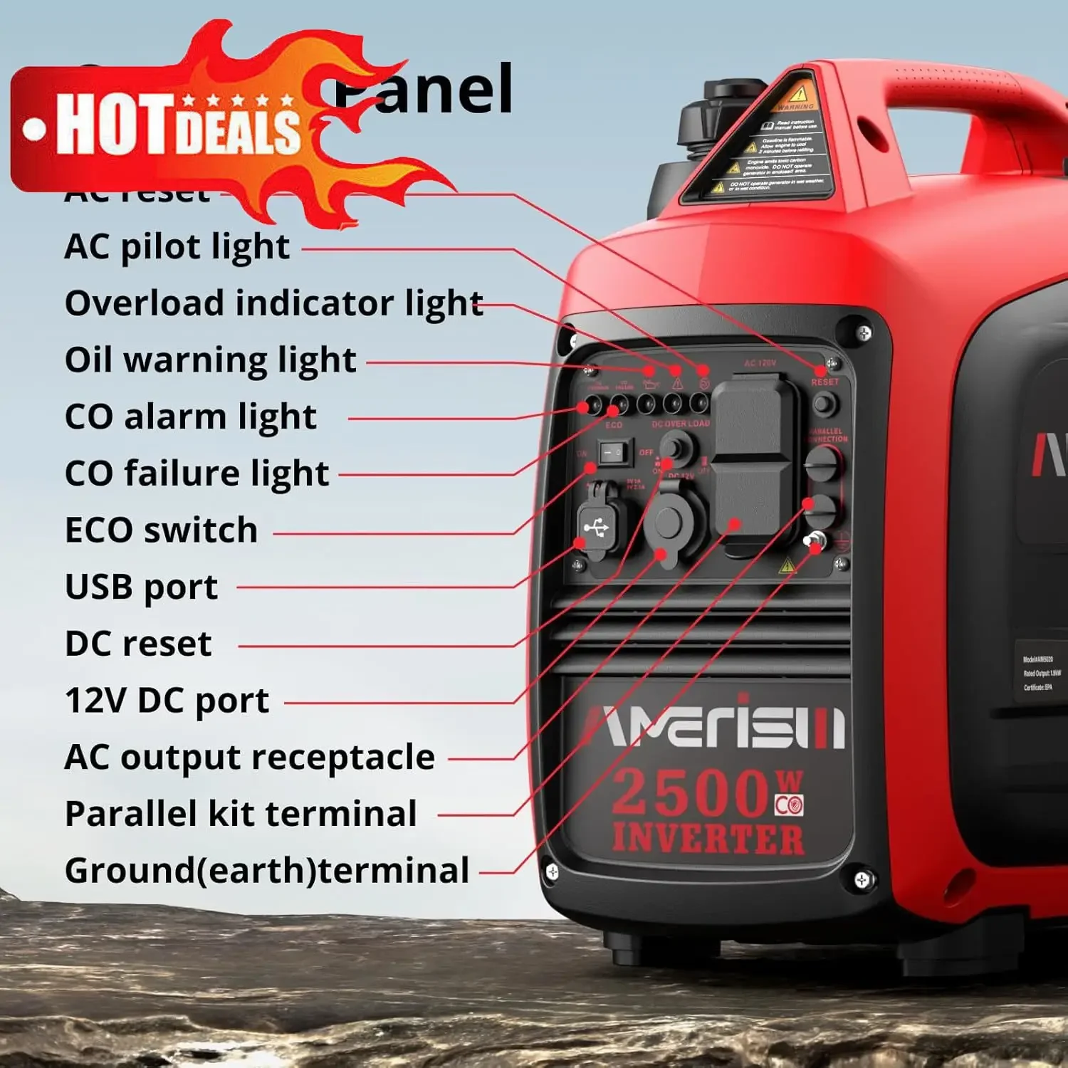 

EPA Compliant 2025 Version，2500-Watt Gas Powered Portable Inverter Generator, CO Sensor, Super Quiet for Home Backup